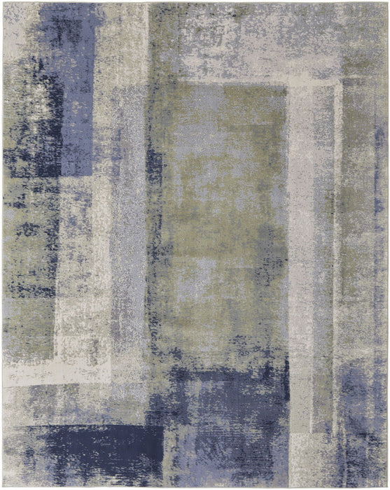 9' x 12' Abstract Power Loom Distressed Area Rug - Blue Green And Ivory