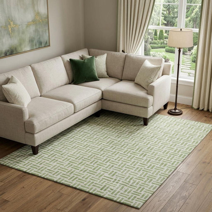 10' X 14' Geometric Washable Area Rug With UV Protection (677213) - Artichoke Green / Ivory