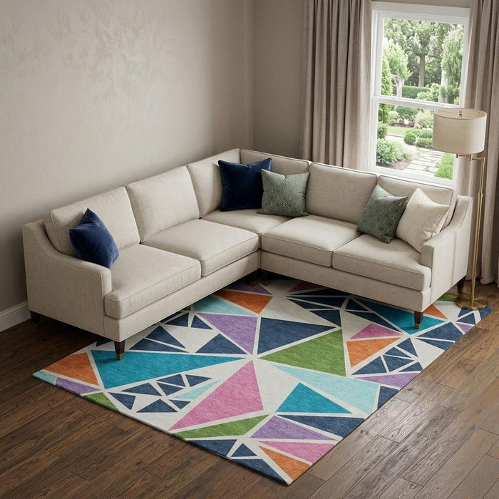 10' X 14' Geometric Washable Area Rug With UV Protection (681563) - White / Teal / Pink / Orange