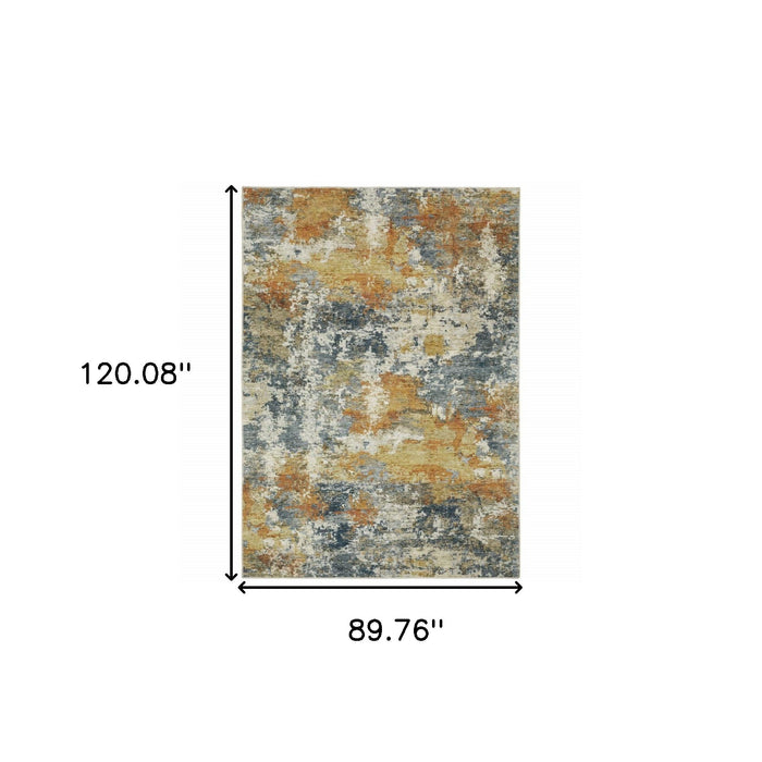 8' x 10' Abstract Printed Stain Resistant Non Skid Area Rug - Teal Blue Orange Gold Gray Tan Brown And Beige