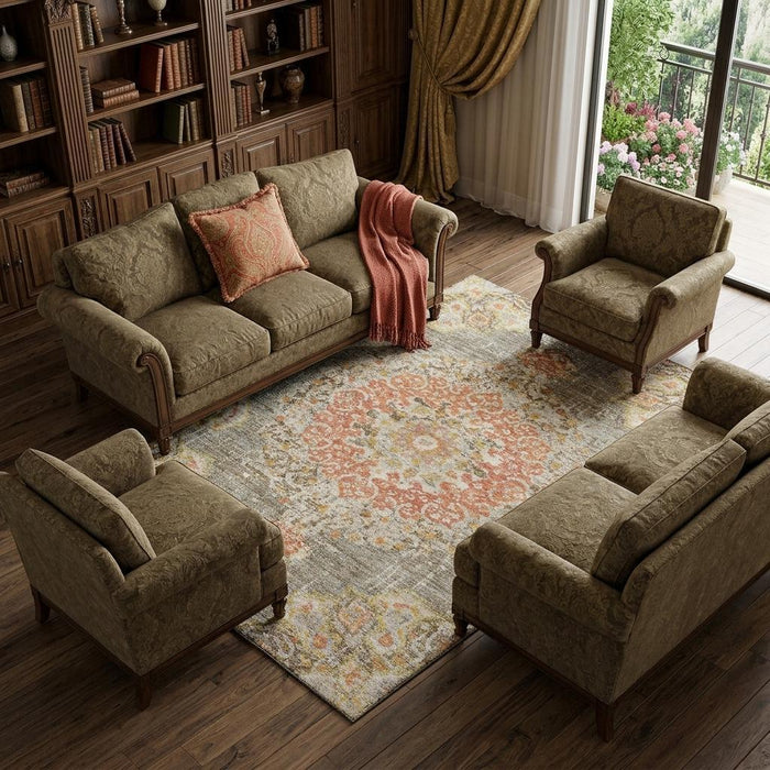 10' X 14' Floral Washable Area Rug With UV Protection (692232) - Brown / Copper / Gold