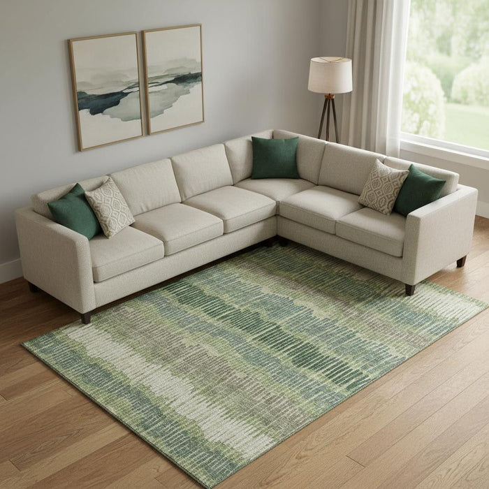 10' X 14' Striped Washable Area Rug With UV Protection (670652) - Green / Ivory / Taupe