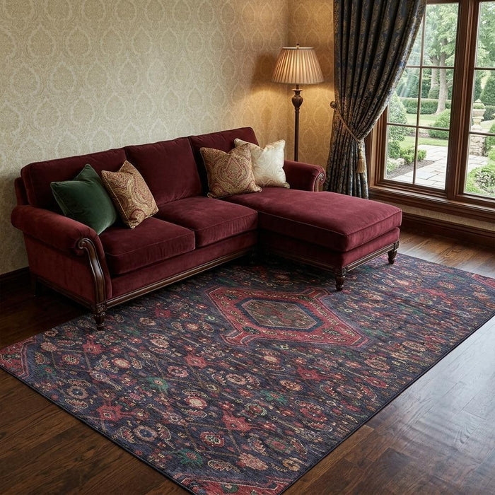 10' X 14' Floral Washable Area Rug With UV Protection (691800) - Navy Blue / Teal / Blush