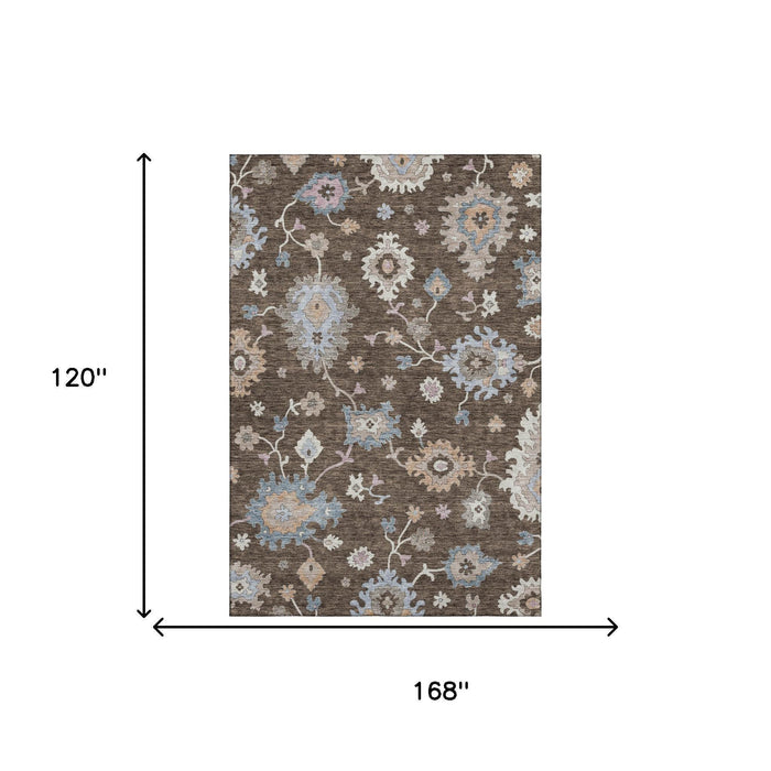10' X 14' Floral Washable Area Rug With UV Protection (688480) - Chocolate / Blue / Beige