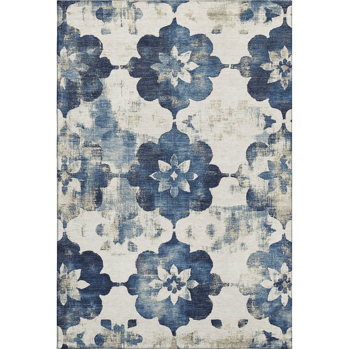 10' X 14' Floral Washable Area Rug With UV Protection (701605) - Navy Blue / Ivory