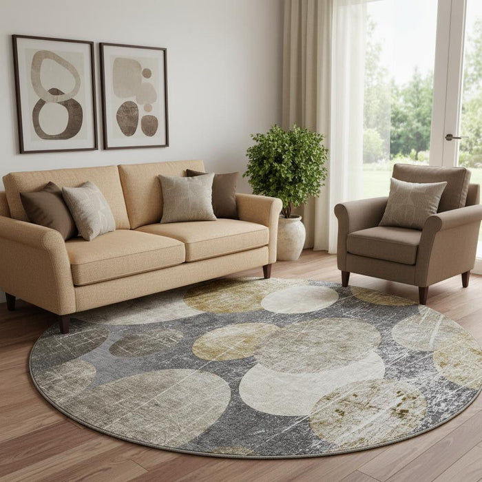 8' Abstract Washable Round Rug With UV Protection (648895) - Brown / Ivory