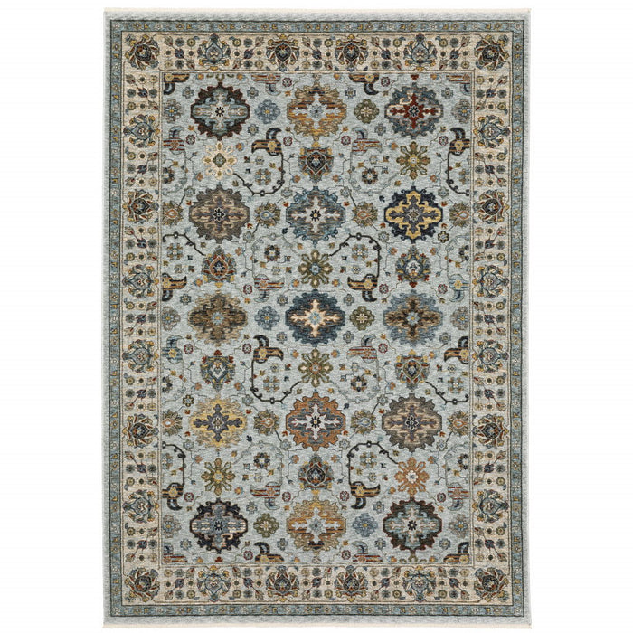 7.9' x 11.2' Oriental Power Loom Area Rug With Fringe - Blue And Beige