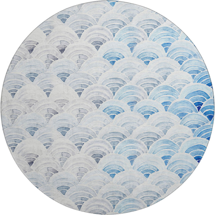 8' Geometric Washable Round Rug With UV Protection (645807) - Blue / Ivory / Gray