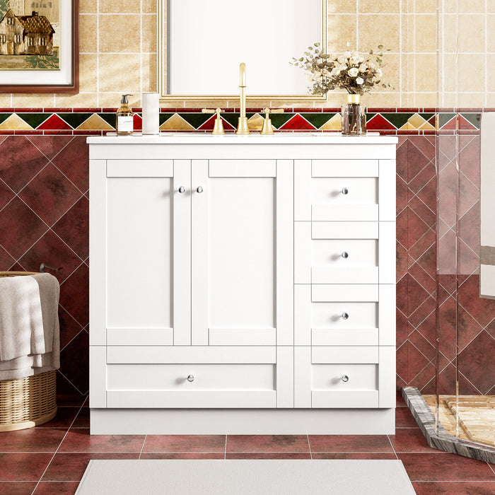 Giga shaker free-standing bathroom vanity cabinet with sink, featuring soft-close drawers and doors, modern white finish.