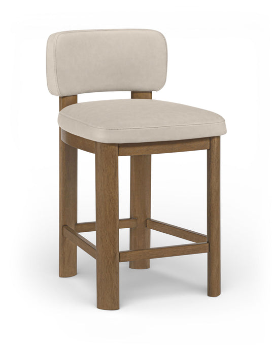 Set of two Meridian Furniture Paloma faux leather upholstered counter stools with brown frames, modern design for kitchen or bar area.