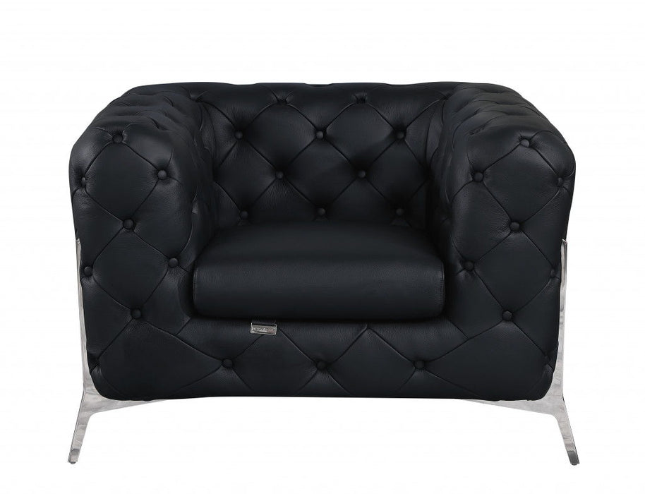 Italian Leather Tufted Chesterfield Chair - Black And Silver