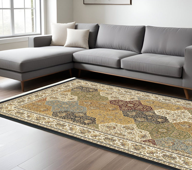 7' X 10' Oriental Area Rug With Fringe - Navy Blue / Ivory