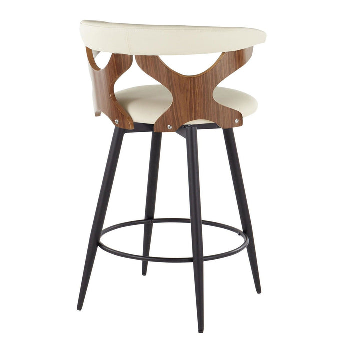 Gardenia - 25" Fixed-Height Counter Stool With Swivel And Rounded Black Metal Footrest (Set of 2) - Black Metal, Walnut Wood