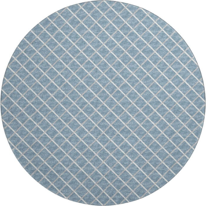 8' Geometric Washable Round Rug With UV Protection - Sky Blue / Ivory