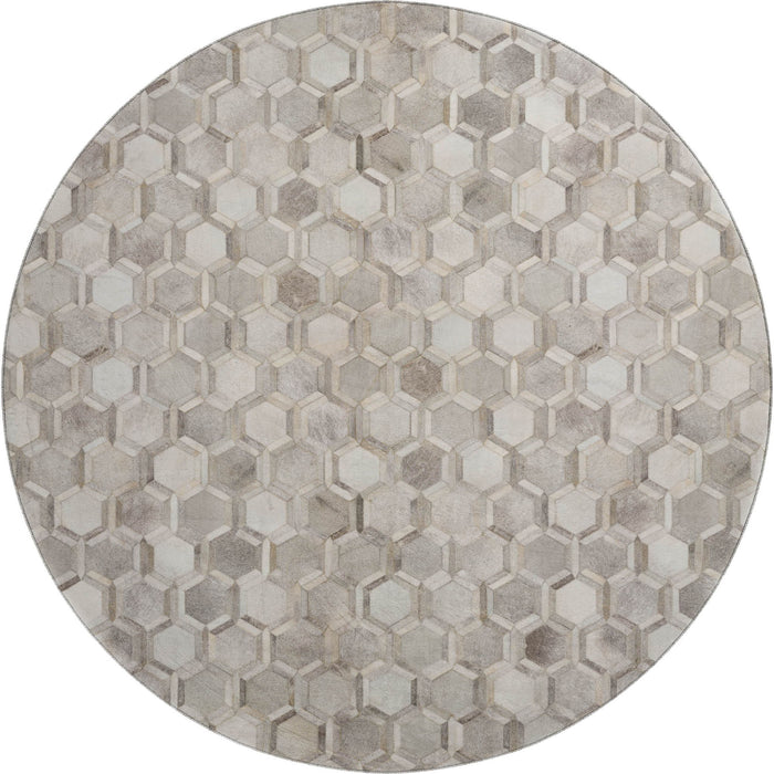 8' Geometric Washable Round Rug With UV Protection (644631) - Gray / Ivory / Beige