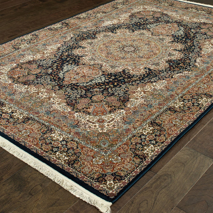 10' X 13' Medallion Area Rug With Fringe (574464) - Dark Blue / Black / Teal