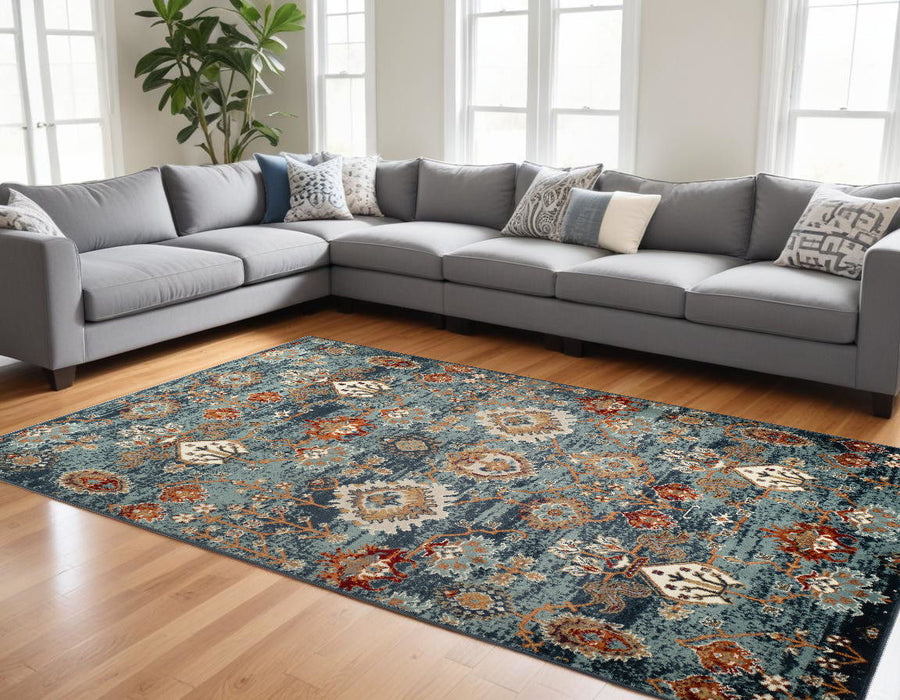 9' x 12' Oriental Power Loom Area Rug - Teal Rust And Orange