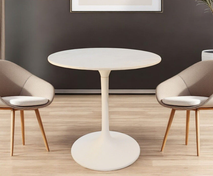 30" Rounded Marble And Iron Pedestal Base Dining Table - White