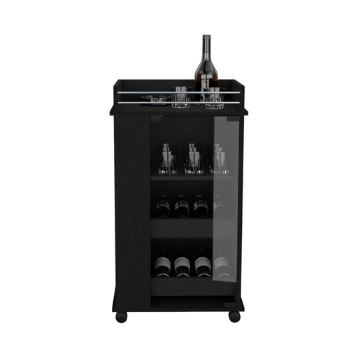 Black Giga bar cart with glass door, two side shelves, and casters for mobile serving and storage.