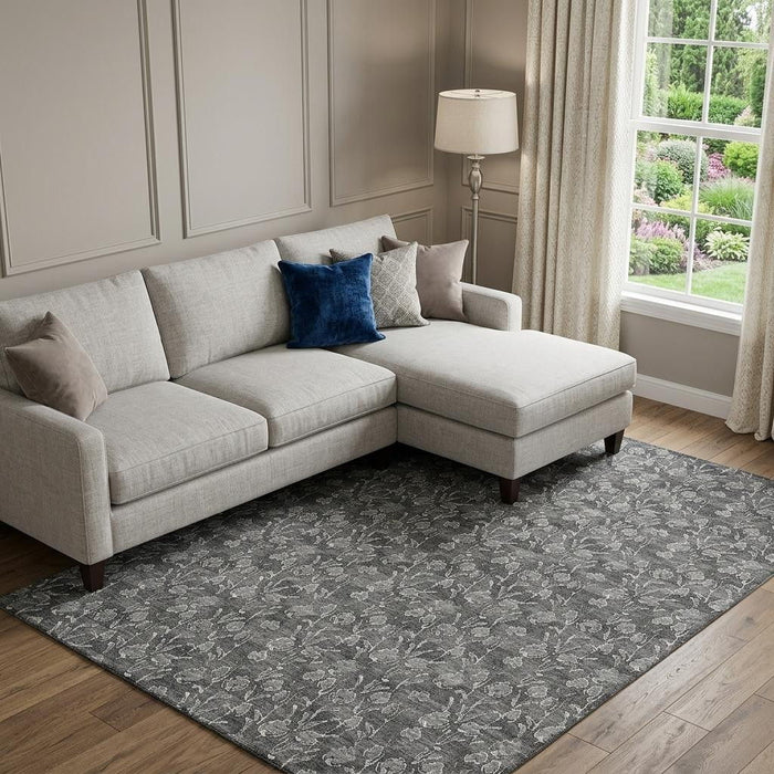 10' X 14' Floral Washable Area Rug With UV Protection (656442) - Gray / Silver