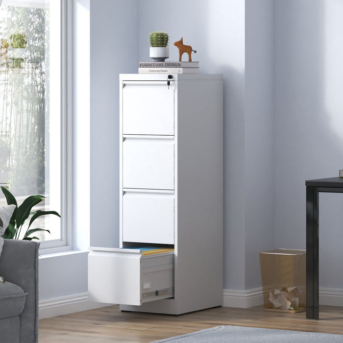 Giga steel vertical filing cabinet with lock, suitable for A4, legal, and letter size documents, featuring multiple drawers.