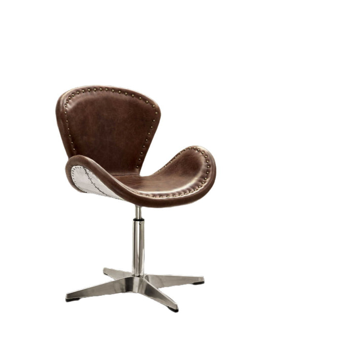 Faux Leather Distressed Swivel Arm Chair - Brown And Silver
