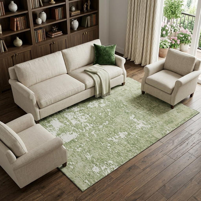 10' X 14' Abstract Washable Area Rug With UV Protection (675204) - Artichoke Green / Ivory