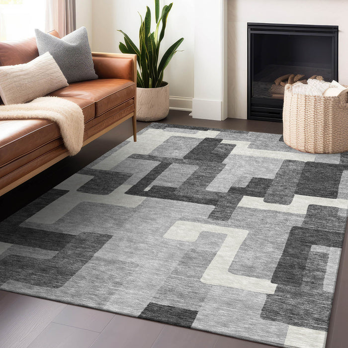 9' X 12' Abstract Geometric Washable Area Rug With UV Protection - Gray