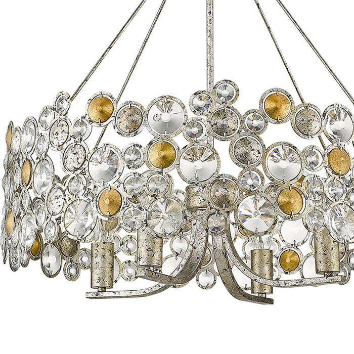 Silver HomeRoots chandelier with four metal and crystal shades, dimmable lighting, elegant pendant design.