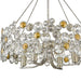 Silver HomeRoots chandelier with four metal and crystal shades, dimmable lighting, elegant pendant design.