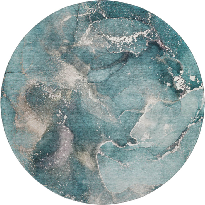8' Abstract Washable Round Rug With UV Protection (647251) - Teal / Ivory