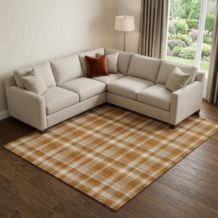 9' X 12' Plaid Washable Area Rug With UV Protection (649455) - Rust / Ivory