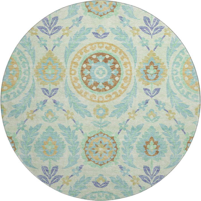 8' Floral Washable Round Rug With UV Protection - Mint Green