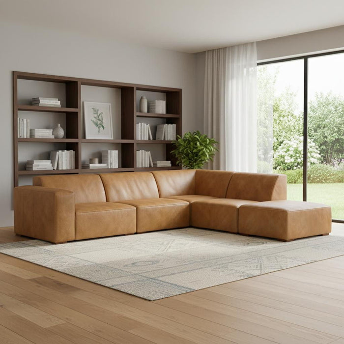 116" 2 Piece Living Room Set Sienna Leather Sofa With Ottoman With Brown Legs - Brown