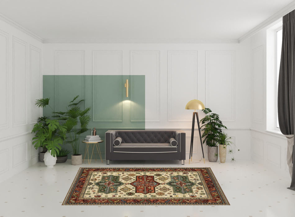 6' x 9' Oriental Power Loom Stain Resistant Area Rug With Fringe - Brick Red Orange Rust Beige Gold Pale Blue Olive Navy And Black