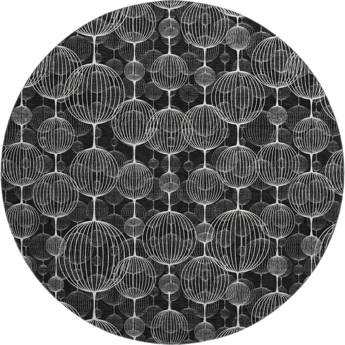 8' Transitional Geometric Washable Round Rug With UV Protection - Black And Ivory