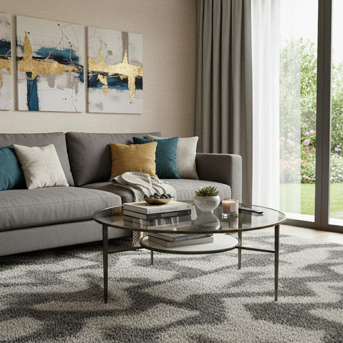 Glass and bronze round coffee table with metal frame and lower shelf, modern design by HomeRoots.