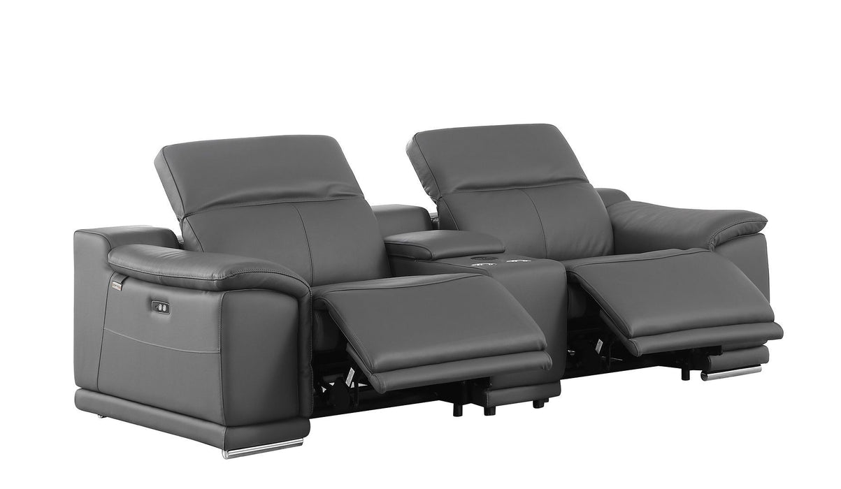 Italian Leather Power Reclining Loveseat With Storage (720573) - Dark Gray / Silver