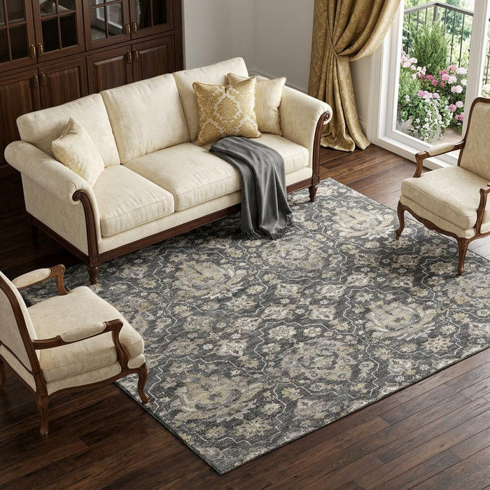 10' X 14' Floral Medallion Distressed Washable Area Rug With UV Protection (644574) - Graphite / Ivory / Gold