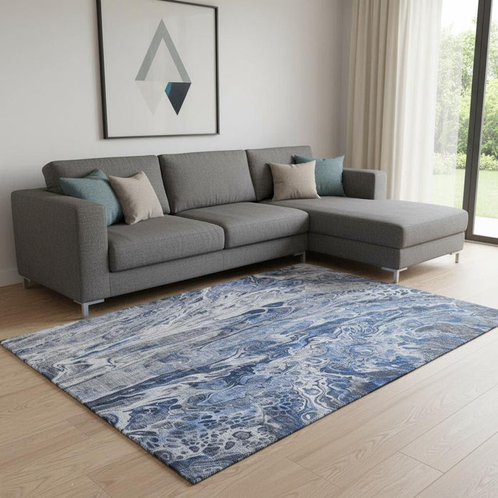 10' X 14' Abstract Washable Area Rug With UV Protection (650932) - Blue / Gray / Ivory