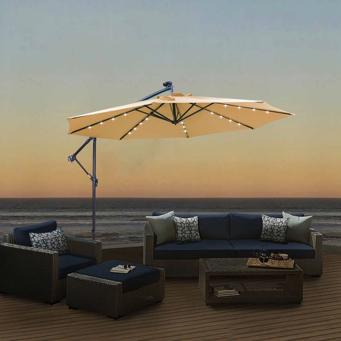 Giga 10 ft taupe outdoor cantilever patio umbrella with 32 LED lights, easy open adjustment, metal frame, and hanging design