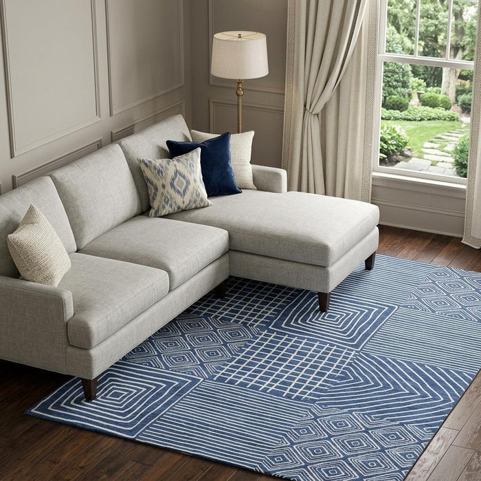 10' X 14' Geometric Washable Area Rug With UV Protection (681911) - Navy Blue / Ivory