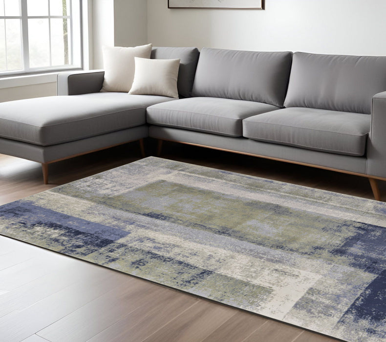 8' x 10' Abstract Power Loom Distressed Area Rug - Blue Green And Ivory