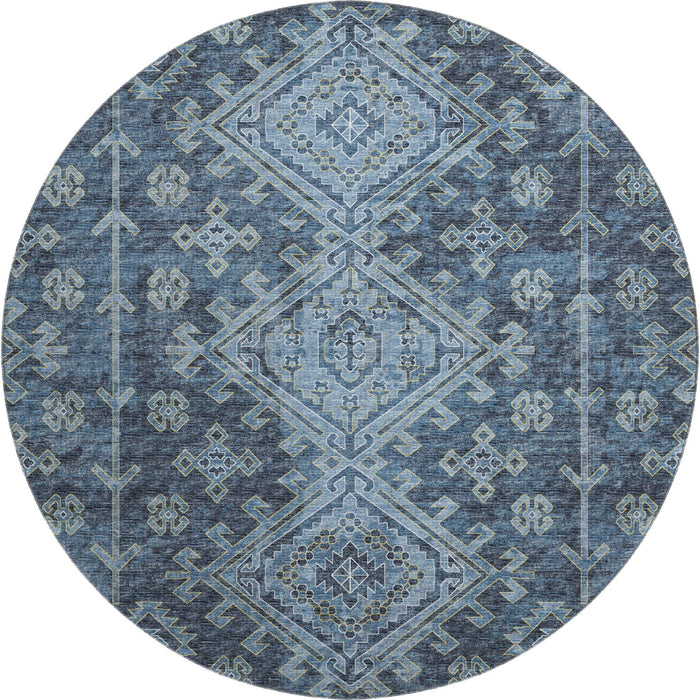 8' Geometric Washable Round Rug With UV Protection - Blue And Sky