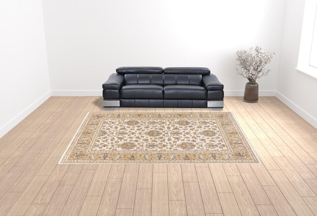 9.8' x 12.9' Oriental Power Loom Stain Resistant Area Rug With Fringe - Ivory And Gold