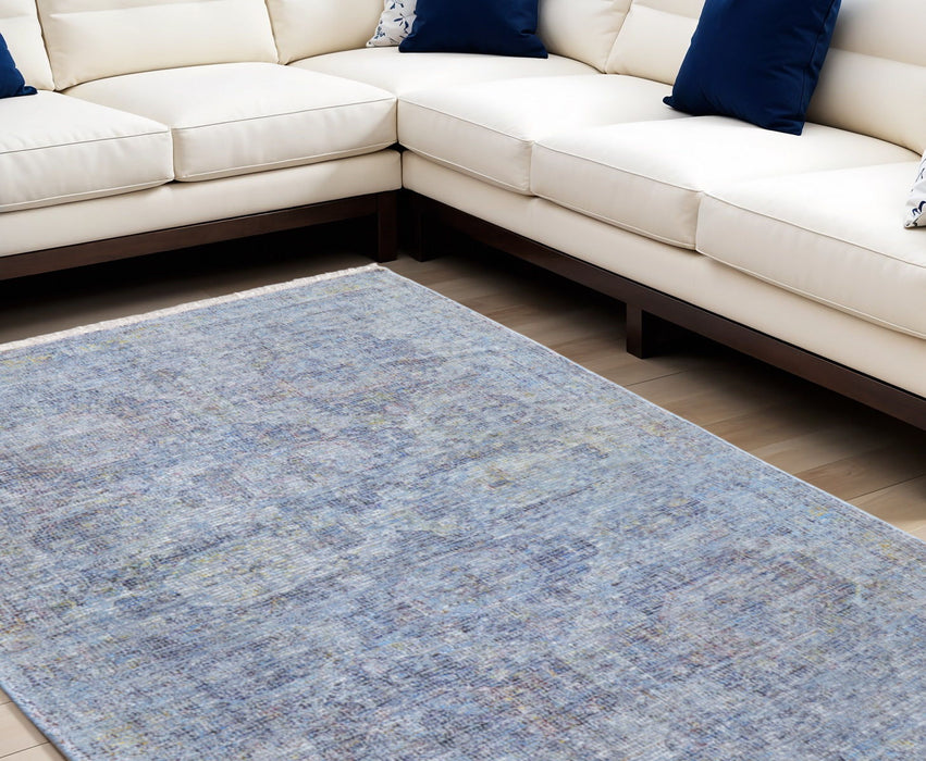 8' X 10' Abstract Hand Woven Distressed Area Rug With Fringe - Blue And Ivory