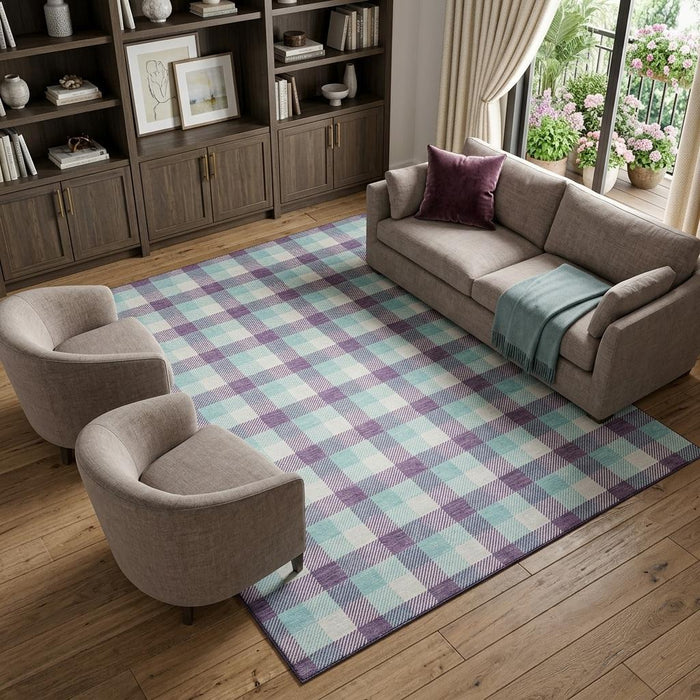 10' X 14' Plaid Washable Area Rug With UV Protection (682577) - Purple / Ivory / Blue