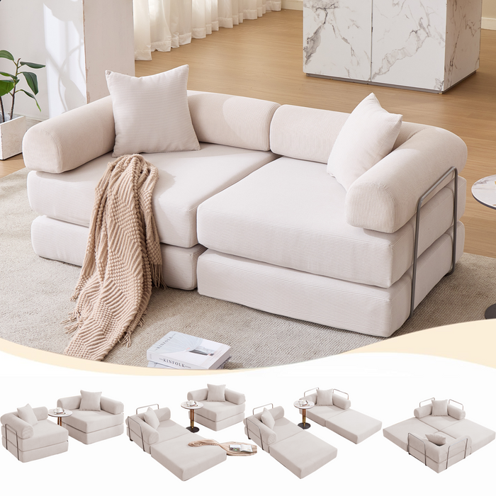 [NEW ARRIVED] [VIDEO PROVIDED]Modular Couch Sofa Bed for Apartment,Convertible Sofa Bed,Fixed-Shape Frame & Removable Armrests,Folding Mattress Couch for Small Spaces ,No Assembly ,Corduroy,Beige
