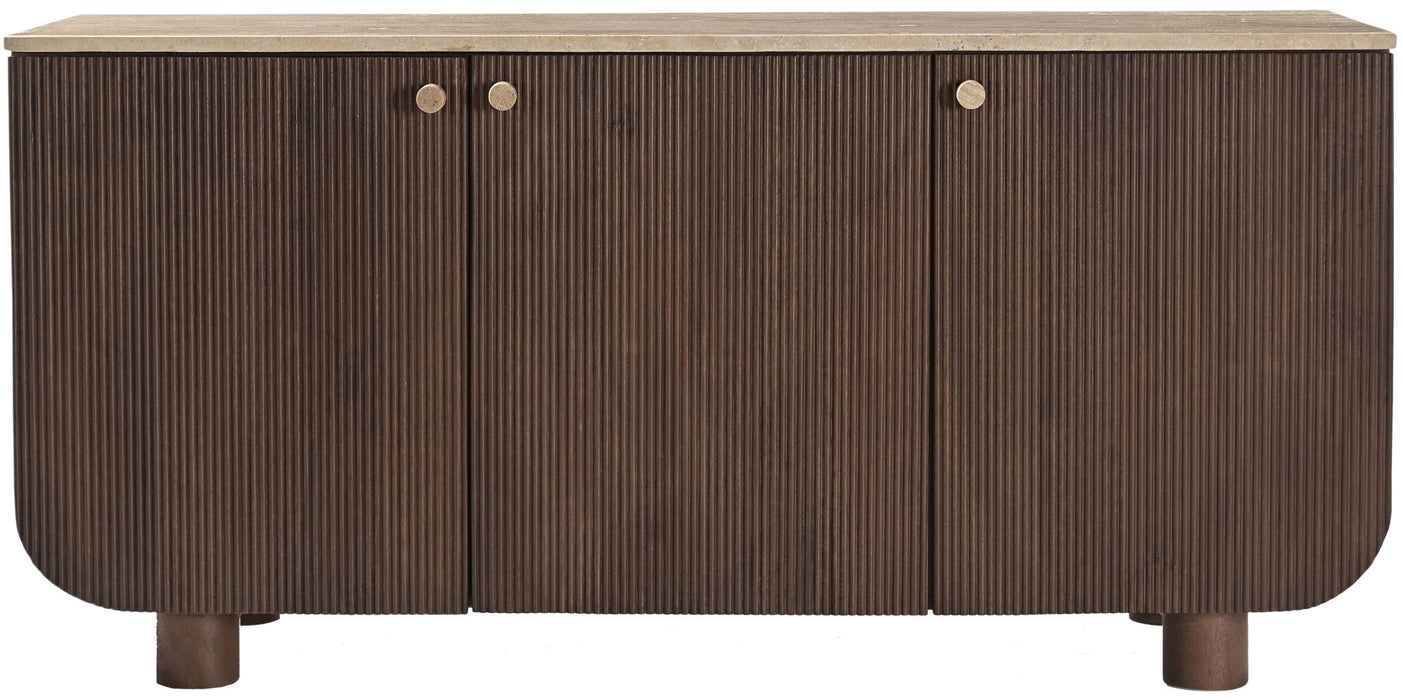 Mango wood sideboard by Meridian Furniture with sleek design and multiple storage drawers, ideal for modern dining rooms.