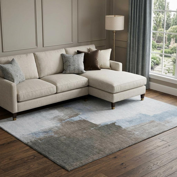 10' X 14' Abstract Washable Area Rug With UV Protection (693060) - Sky Blue / Chocolate / Taupe